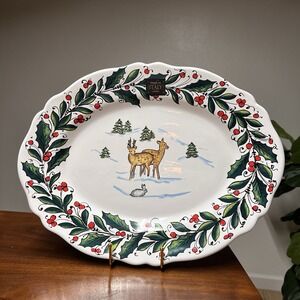 Nova Deruta Platter Christmas Holiday Oval Reindeer Holly 15x12"